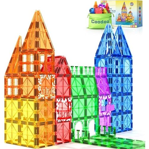 Coodoo 60 PCS Magnetic Building Tiles Kids Toys STEM Magnetic Blocks Sensory Toys Kids Games Magnet Building Toy for Boys and Girls Aged 3+, Kid Brain Development Preschool Kindergarten Toddler Toy
