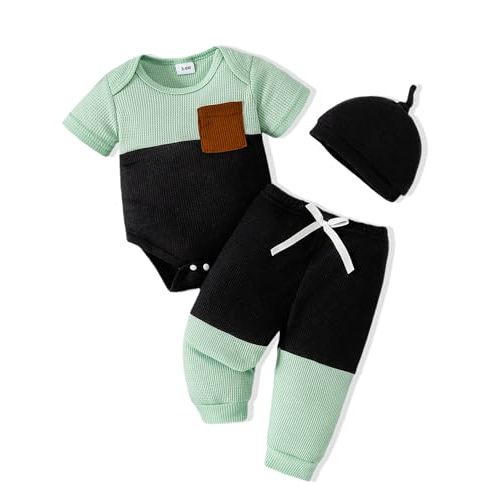 NZRVAWS Newborn Baby Boy Clothes Ribbed Knitted Romper Pants Color Block Infant Outfits Hat Clothing Set 0 3 6 9 12 Months