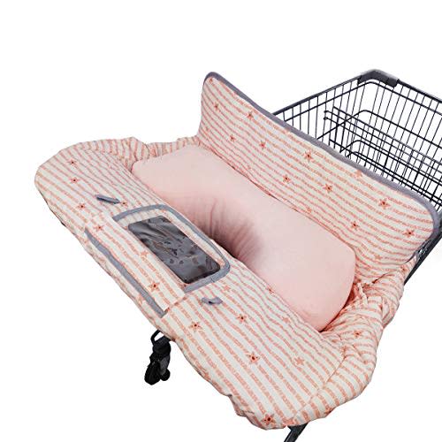 Shopping Cart Cover for Baby/Toddler with Pillow, 2-in-1 Cotton High Chair Cover, Sturdy Stay, Easy Attach & Remove, fit Cellphone Holder & Toy Loops, Perfect for Girl (Pink Strip Star)