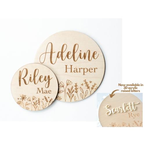 Floral Wooden Baby Name Announcement Sign Engraved Round Boho Flower Baby Reveal Plaque Modern Birth Announcement Newborn Photo Prop