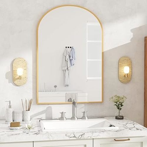 DUMOS Gold Metal Arch Vanity Rounded Rectangle Bathroom Mirrors for Over Sink Wall, 27x38 Inch Large Matte Mirror, Modern Decorative for Restroom, Farmhouse