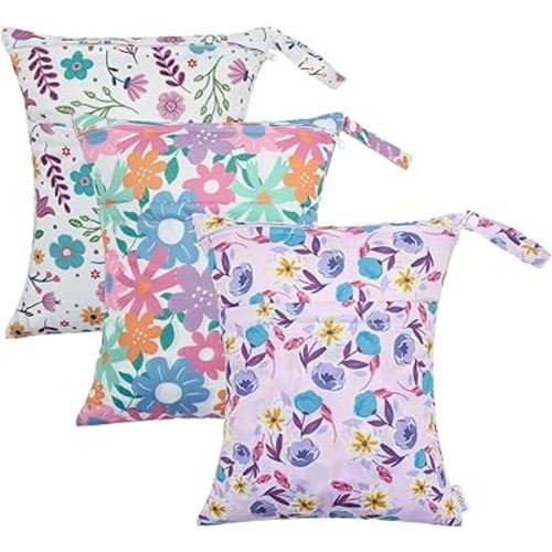 ALVABABY 3pcs Cloth Diaper Wet Dry Bags Waterproof Reusable with Two Zippered Pockets Travel Beach Pool Daycare Soiled Baby Items Yoga Gym Bag for Swimsuits or Wet Clothes 3L-ZM18A