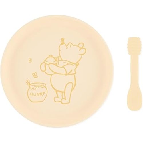 Bumkins Disney Baby and Toddler Plate and Spoon Set, Silicone Dish for Babies and Kids, Baby Led Weaning, Children Feeding Supplies, Microwave Safe, Platinum Silicone, Ages 6 Months, Winnie the Pooh