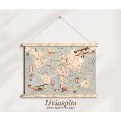 Educational World Map Poster for Boy | Hot Air Balloons & Planes Nursery Wall Art | Child's Animal Learning Adventure – Poster Hanger #96