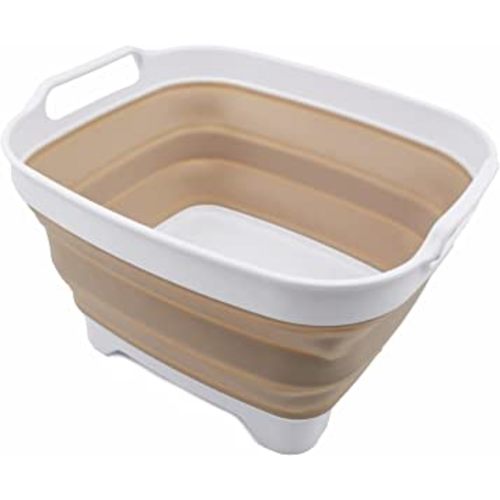 SAMMART 7.5L (2 Gallons) Collapsible Dishpan with Draining Plug - Foldable Washing Basin - Portable Dish Washing Tub - Space Saving Kitchen Storage Tray (White/Latte, 1)