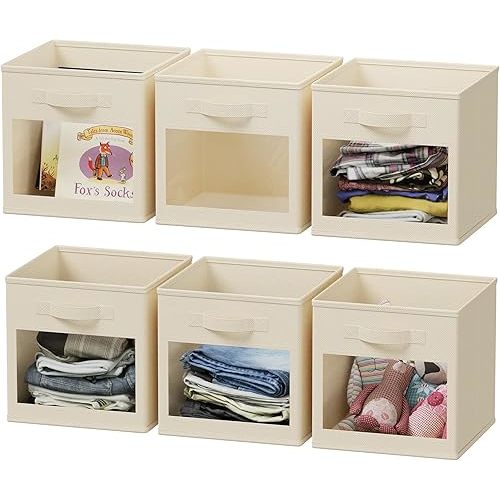 SpaceAid Storage Cubes with Clear Windows, Set of 6 Fabric Bins, 11 Inch Foldable Baskets Boxes for Closet, Cubby Shelf or Cube Storage Organizer, Beige