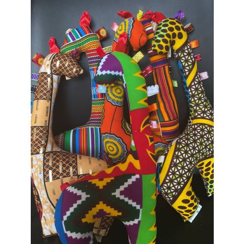 African Kente Ankara Giraffe stuffed toy with sensory ribbon
