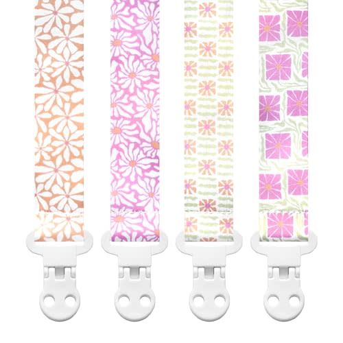 Baby Pacifier Clip Holder - Girl 4 Pack Gift Set – Modern Matiss Inspired Floral Flowers Pink Green Yellow