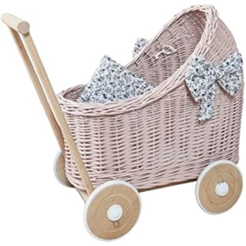 WIKLIBOX Pink Rattan Doll Stroller - Hand Made in Europe - Wicker Doll Pram, Baby Walker - Pink with Flower Bows & Bedding