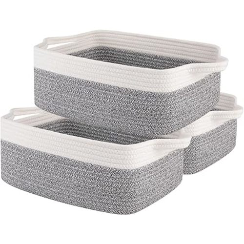 OIAHOMY 3 Pack Storage Baskets for Organizing, Woven Cotton Rope Basket for Shelves, Closet Organizer Bins with Handles, Rectangle Toy Organization, 13.78''×9.84''×5.5'', Grey & White