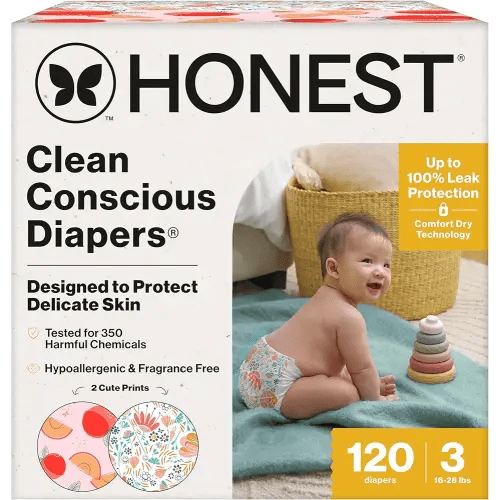 The Honest Company Clean Conscious Diapers for Sensitive Skin | Hypoallergenic, Fragrance Free | Girl Prints | Super Club Box, Size 3 (16-28 lbs), 120 Count (Prints May Temporarily Vary)
