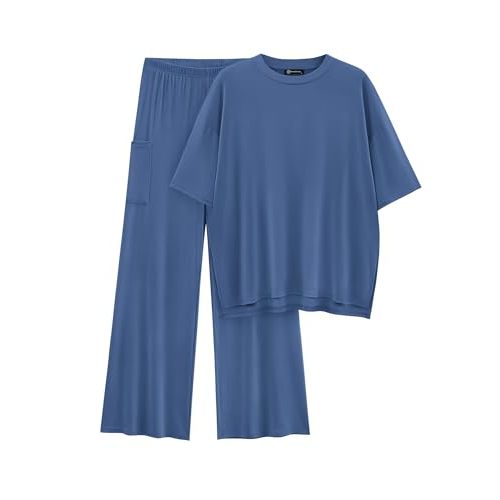 PRETTYGARDEN Women's 2 Piece Outfits Casual Short Sleeve Pullover Tops and Wide Leg Pants Lounge Sets Tracksuits