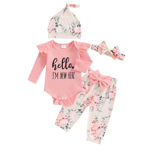 Hello World Newborn Outfit Baby Girl Going Home Outfit Ruffle Ribbed Romper Top Floral Pants Set Cute Summer Clothes