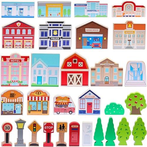 SainSmart Jr. 30 Pcs Wooden Town Play Set, Wooden Train Accessories, Community Helpers Toys for Preschool Learning | Includes Buildings, Traffic Signs and Trees | Gift for Boys and Girls