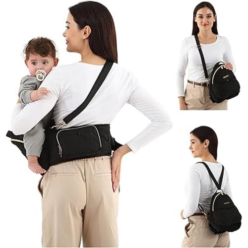 Baby Hip Seat Carrier with Lumbar Support, Baby Holder with 3D Anti-Slip Protection, CPC Certification and Molle Bottle Bag for Newborns & Toddlers up to 45lbs (Black)