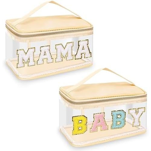 2 Pcs Chenille Letter Clear Makeup Bags Mama Baby Pouch, Preppy Patch Makeup Bag Mama Baby Hospital Duffle Bag Zipper with Handle, Travel Baby Toiletry Bag Nylon Cosmetic Handbag for Women(MAMA+BABY)