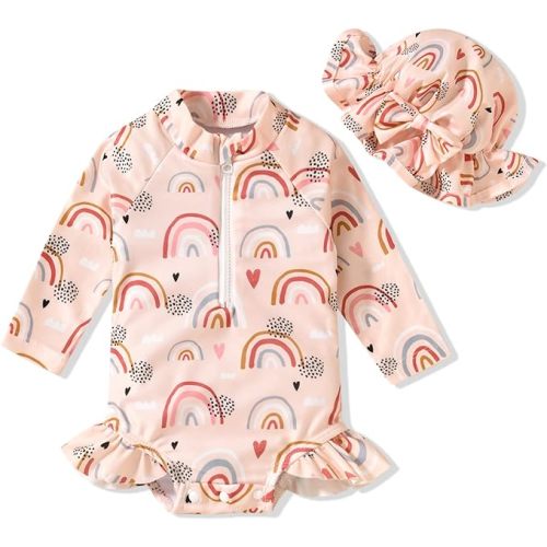 Aalizzwell Baby Girls Long Sleeve One Piece Swimsuit with Hat - 3-6 Months - Rainbow