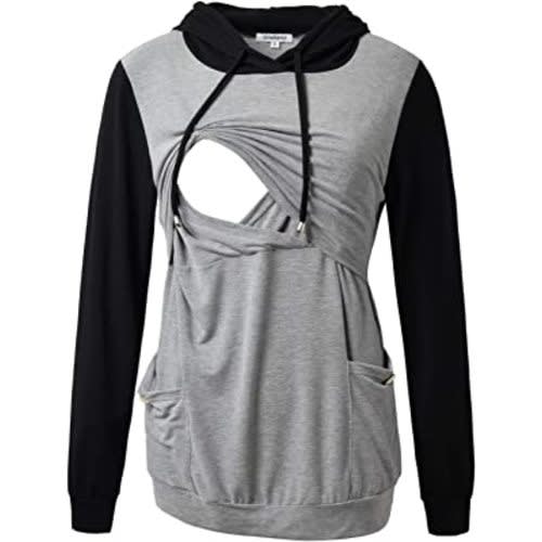 GINKANA Womens Nursing Hoodie Top Sweatshirt Long Sleeve Button Decoration Pockets Shirts Tunic Top
