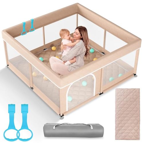 Omzer Baby Playpen with Mat 50x50inch: Large Playpen for Babies and Toddlers Indoor Safety Play Pen with Soft Breathable Mesh - All-Wrapped Sponge Sturdy Play Yard with Stable Mat Magic Sticker Beige