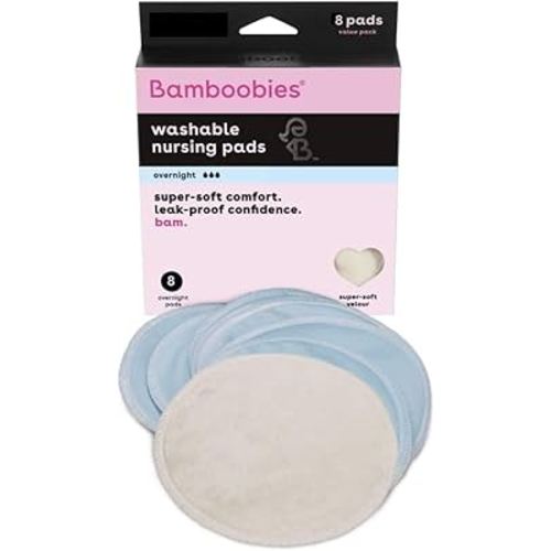 Bamboobies Overnight Nursing Pads, Ultra-Soft Velour, Reusable and Washable for Nightly Use, Leak-Proof Pads for Breastfeeding, 8 Pads