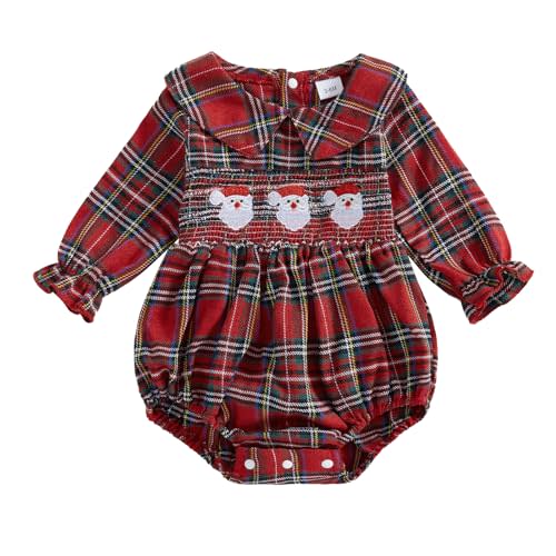 Adobabirl Baby Girl Christmas Outfit Santa Claus Bubble Romper Long Sleeve Embroidery Plaid Jumpsuit Cute Christmas Clothes
