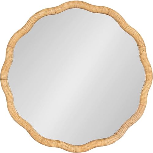 Kate and Laurel Rahfy Boho Scalloped Round Rattan Mirror; 26 Inch Diameter; Natural Wood; Decorative Round Wavy Mirror with Authentic Rattan Frame for Boho Wall Decor