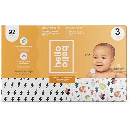 Hello Bello Diapers, Size 3 (14-24 lbs), 92 Count of Premium Disposable Baby Diapers in Bolt Babes and Woodland Animals Designs, Hypoallergenic with Soft, Cloth-Like Feel