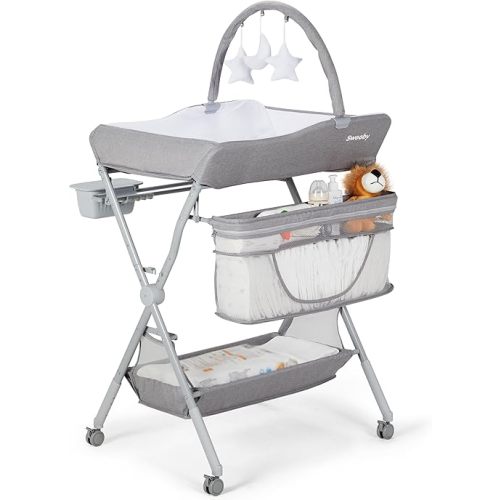 Sweeby Baby Portable Changing Table, Foldable Changing Table Dresser Changing Station for Infant, Waterproof Diaper Changing Table Pad Topper, Mobile Nursery for Newborn Essentials, Light Grey