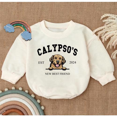 Custom Dogs New Best Friend Romper Sweatshirt, Personalized Dog Best Friend Newborn Outfit, Dog Name Baby Romper, Dog Lover Gift for Babies