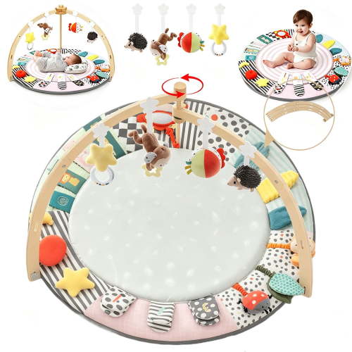 Baby Play Mat with Wooden Play Gym and Detachable Sensory Toys for Infants, Tummy Time Activity Mat, Newborn Baby Gift,Grey