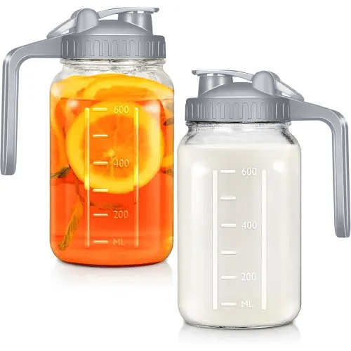 Glass Mason Jar Pitcher with Lid, 32oz Breast Milk Pitcher Leak Proof, Heavy Duty Wide Mouth Jar with Pour Spout Handle for Breastmilk, Water, Juice, Milk, Tea, Iced Coffee, 2 Pack