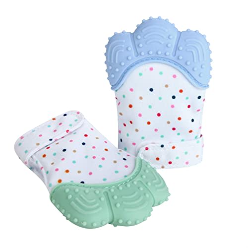 PandaEar Soothing Teething Mitten 2 Pack, Pain Relief, Protection Glove, Stimulating Teether, 0-12 Months (Blue Green)