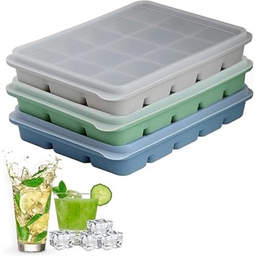 Ice Cube Trays Set of 3, Easy Release 15 Flexible Silicone Ice Cube Molds with Removable Lid Reusable Freezer Ice Trays Stackable for Whiskey, Baby Food, Green+Blue+Grey