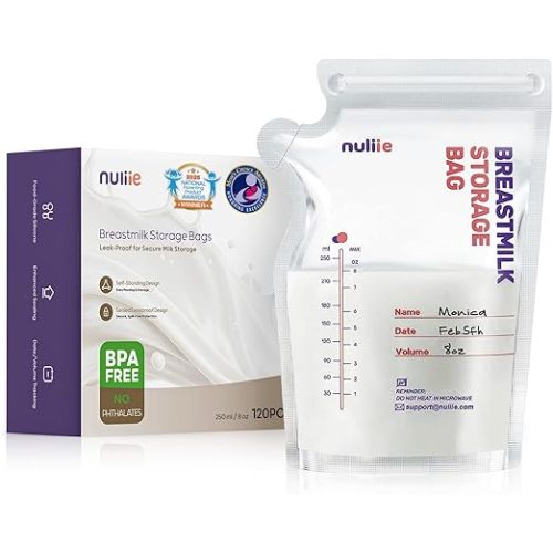 Nuliie 120 Pcs Breastmilk Storage Bags Freezer, 8 OZ Breast Milk Storing Bags, BPA-Free, Milk Storage Bags with Pour Spout for Breastfeeding, Self-Standing Bag, Space Saving Flat Profile