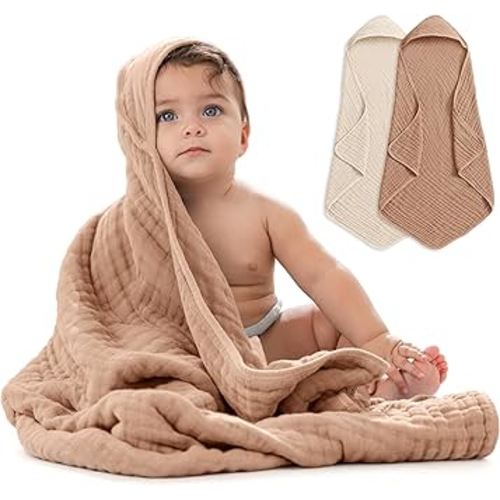 Comfy Cubs Hooded Baby Towel 2-Pack, Large 32 x 32 Inch - 6 Layer 100% Muslin Cotton for Babies, Toddlers, Kids - Soft & Absorbent Baby Bath Towels - Unisex Design for Bath Time, Cedar and Sand