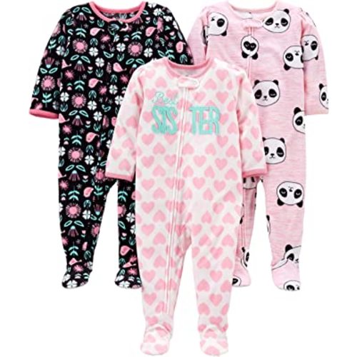 Simple Joys by Carter's Toddlers and Baby Girls' Loose-Fit Flame Resistant Fleece Footed Pajamas, Pack of 3