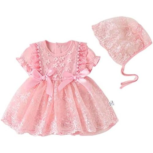 Toddler Baby Girl Long Sleeve Fall Dress Flower Lace Wedding First Birthday Baptism Christening Dresses with Hat Outfit