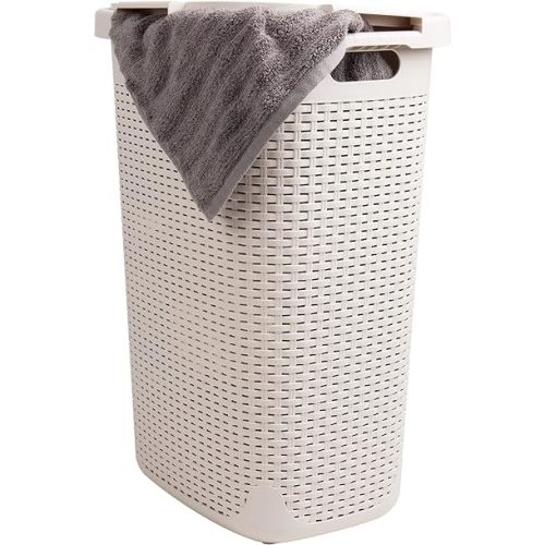Mind Reader 60L Slim Laundry Hamper, Clothes Basket, Lid, Wicker Design, Plastic, 17.65"L x 13.75"W x 24.15"H, Ivory