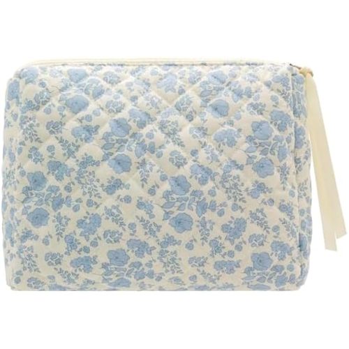 PAZIMIIK Cotton Makeup Bag for Women Large Quilted Travel Cosmetic Pouch Girls' Make Up Organizer,Little Flower Blue