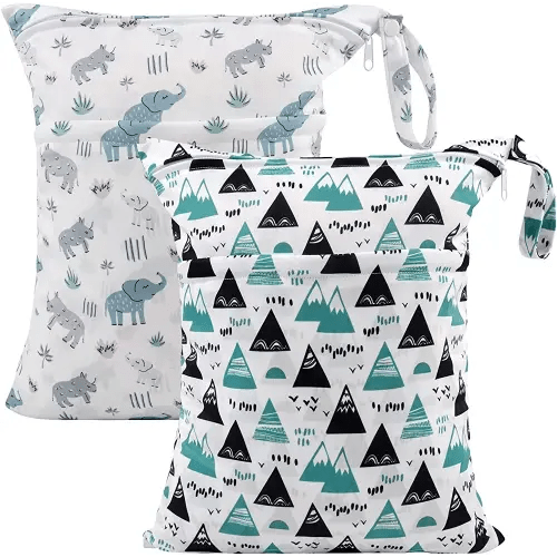 ALVABABY 2pcs Cloth Diaper Wet Dry Bags Waterproof Reusable with Two Zippered Pockets Travel Beach Pool Daycare Soiled Baby Items Yoga Gym Bag for Swimsuits or Wet Clothes LZD2526A
