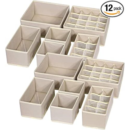 12 Pack Foldable Drawer Organizer Dividers, Beige