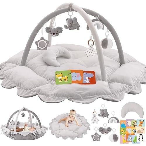 5-in-1 Plush Baby Play Gym, Baby Play Mats, Convertible Baby Gym with Pillow, Tummy time mat, 6 Sensory Toys, Baby Activity Center from Newborn to Toddler, Pet Bed, Cat & Dog Bed, Ball Pit, Grey