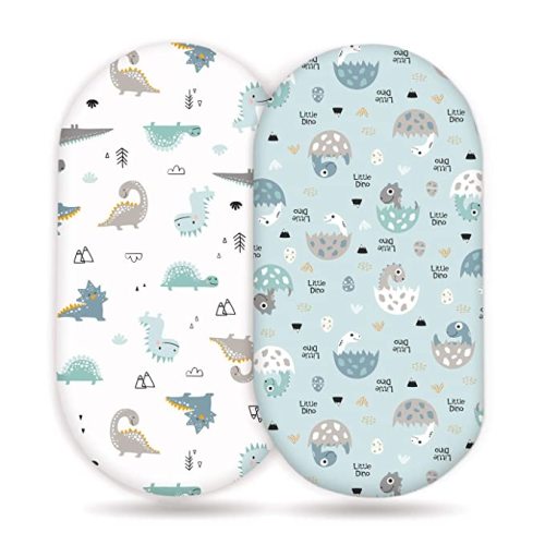 GRSSDER Stretchy Ultra Soft Fitted Bassinet Sheet Set 2 Pack, Universal Fit for Bassinets Baby Cradle Moses Basket Oval Rectangle Pad/Mattress, Happy Dinosaurs Bassinet Sheets for Girls and Boys - Blue