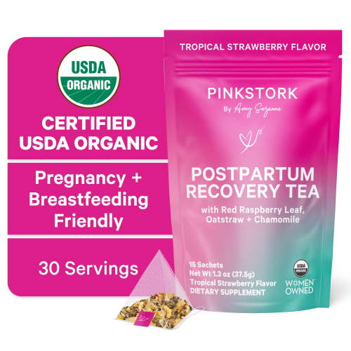Pink Stork Postpartum Recovery Tea for Women, Chamomile, Organic Red Raspberry Leaf, 15 Sachets
