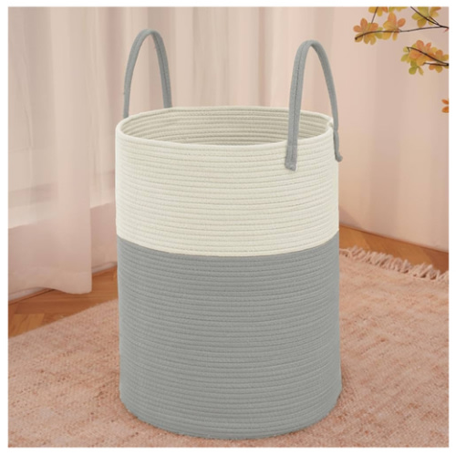 Large Woven Laundry Basket Hamper,80L Cotton Rope Storage Bin for Blankets,Toys and Clothes,Decorative Tall Nursery Hamper for Living Room,Baby Nursery,Bathroom and Bedroom,White and Grey