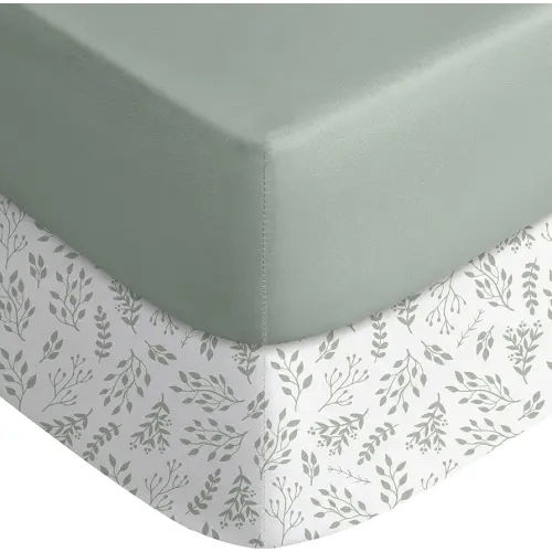 Yoofoss Pack and Play Sheets Fitted, Mini Crib Sheets 2-Pack for Pack N Play Mattress, Stretchy Playard Sheet, Soft and Breathable Green + Leaf