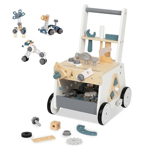 Wooden Baby Push Walker for Toddlers - Adjustable Speed Montessori Tool Bench Baby Walking Toy with Activity Center, Ideal for Boys and Girls Aged 3+ Years