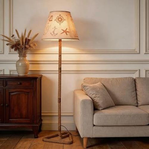lotoo Nautical Floor Lamp, Modern Rustic Standing Lamp for Living Room, Bedroom, Office, Corner, Foot Switch, Linen Shade with Ocean Theme Pattern, Hemp Cordage Rope Tall Lamp Body, Bulb Not Included