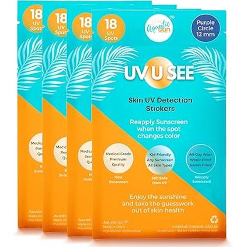 UV Stickers for Sunscreen Reapplication to Avoid Burns - Sunscreen Reminder Stickers You Can Wear All Day - Sweat & Waterproof UV Activated Sunscreen Stickers - UV Sticker Aquatic Sun (Pack of 4)