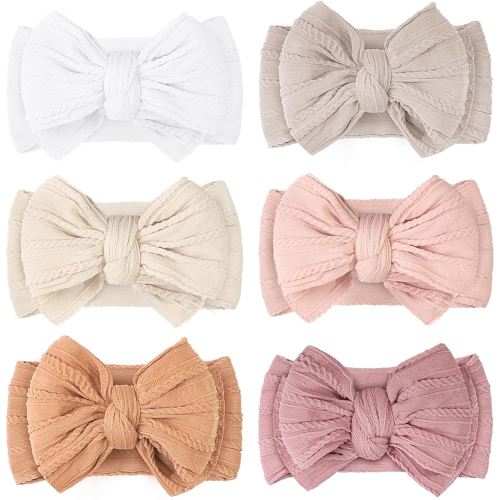CÉLLOT Super Stretchy Soft Handmade Headbands with Double Bows Head Wrap Nylon Hair Accessories for Newborn Baby Girls Infant Toddlers Kids,Pack of 6(Light)